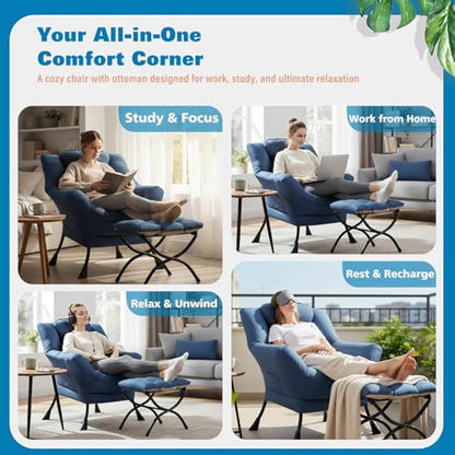 Lazy Chair with Ottoman, Comfy Reading Chair for Bedroom, Blue | Comfy Bedroom Accent Chair with Washable Removable Cover and extra throw pillow for Living Room Dorm - color: Peach Royal Blue