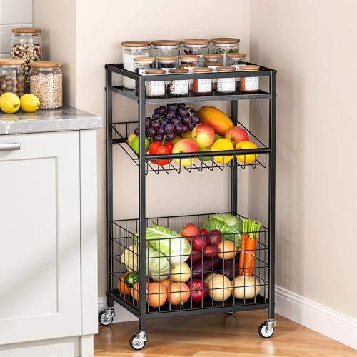 Fruit Vegetable Cart, 3-Tier Snack Cart on Wheels & Wood Top, Black | Vegetable Rack For Kitchen, Kitchen Cart Organizer for Fruit, Vegetables, Potato, Snack - color: Black, size: 3 Tier(12 in)