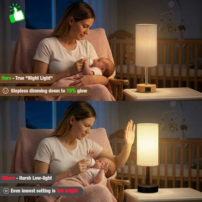 Touch Bedside Table Lamp for Bedroom, Stepless Dimmable, USB A+C, AC Outlet | Base Touch Button Only, Memory Brightness, Ultra-dim Night Light, Included Bulb for Optimal Dimming, Wood Grain Base, Nursery - color: Beige & Wood Grain