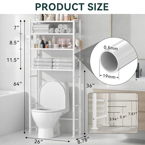 GloTika 4-Tier Over The Toilet Storage Shelves, White | 200lb Total Capacity, Metal Bathroom Organizer with 36" Clearance, Includes Paper Holder & 4 Hooks, Suit for Small Space - color: A-white