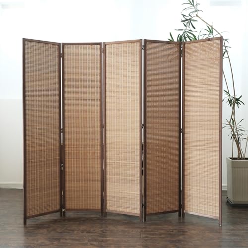 5 Panel Bamboo Room Divider - 5.6 ft Tall Folding Privacy Screen for Room Separation, Natural Brown Freestanding Partition Wall for Home Office (67" H x 76.75" W) - color: Brown, size: 5 Panel