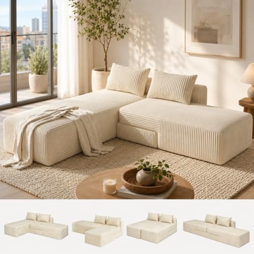 Boneless Sectional Couch, 4 in 1 Convertible Cloud Couch with Reversible Chaise & Deep Seat, Modular Sectional Sofa for Apartment, No Assembly Corduroy Foam Couch in a Box, Beige - color: Beige, size: 89" Convertible Chaise Corduroy