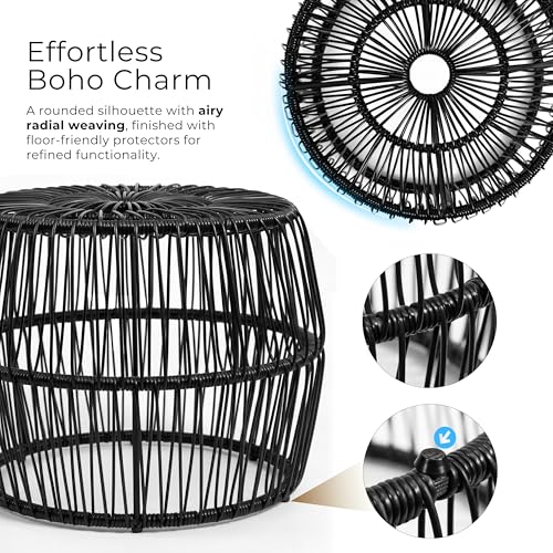 Furniture of America Ysar Boho Rattan Round Coffee Table Outdoor with Metal Frame, All-Weather and Rust Resistant, Handcrafted Coastal Furniture for Patio, Poolside, Garden, Yard, Black - color: Black/18.9 In.