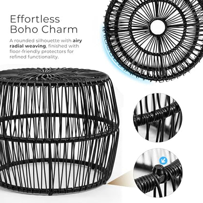 Furniture of America Ysar Boho Rattan Round Coffee Table Outdoor with Metal Frame, All-Weather and Rust Resistant, Handcrafted Coastal Furniture for Patio, Poolside, Garden, Yard, Black - color: Black/18.9 In.