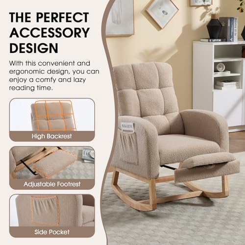 Rocking Chair Nursing, Rocker Chair with Footrest (Brown) | Teddy Boucle Upholstered Accent Reading Chair with High Back & Side Pocket for Living Room Bedroom Nursery Office - color: Brown