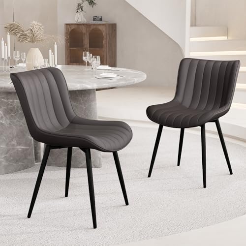 YOUNUOKE Mid-Century Modern Dining Chairs Set of 2, Dark Brown PU Leather | Faux leather upholstery with black metal legs. Fits dining room, kitchen, and guest reception. Easy to clean. Armless design - color: Dark Brown