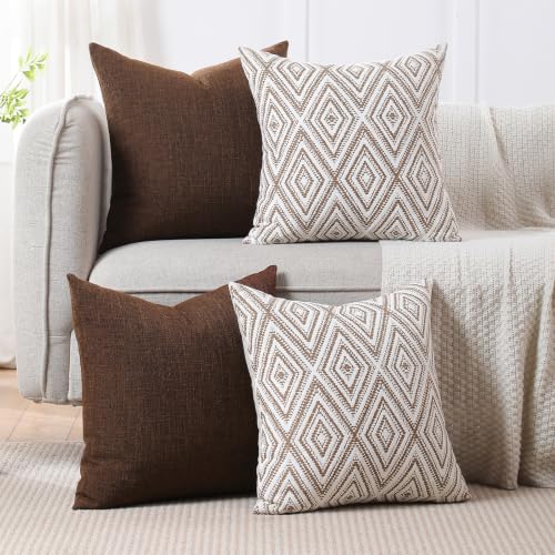 HPUK Throw Pillow Covers 18x18, Set of 4, Chocolate Couch Pillow Covers | Polyester fabric, patterned and solid designs, hidden zippers, machine washable, for sofas and beds, inserts not included - color: Chocolate, size: 18" x 18" (Pack of 4)