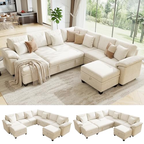 107.8" Oversized Modular Sectional Sofa with Pull Out Bed, 9 Seat U Shaped Sectional Sleeper Sofa with 291L Storage, Convertible Cloud Couch Bed, Sectional Couches for Living Room, Apartment (Beige) - color: Beige, size: 9 Seat V Sleeper