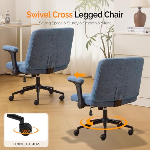VINGLI Criss Cross Chair with Adjustable Flip-Up Arms,Cross Legged Chair with Wheels,Extra Wide Office Chair,Desk Chair for Home Office,Vanity,Bedroom, Apartment,Starry Chenille,Navy Blue - color: Navy Blue