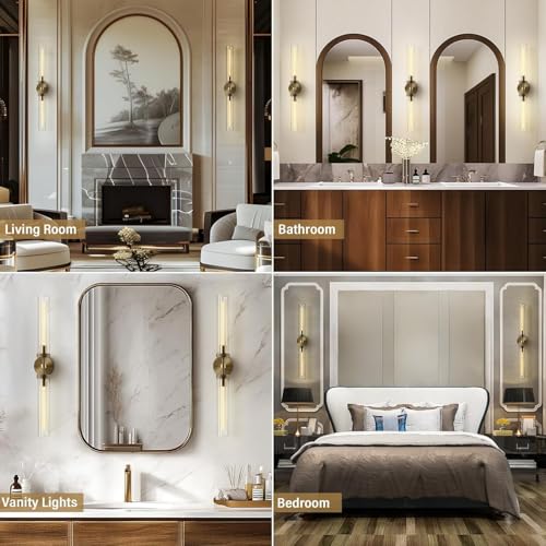 Brass Wall Sconces, 30in Gold 2-Light Double Glass Sconces Wall Lighting, Bathroom Knurled Vanity Light Sconces, Wall Lights for Living Room Bedroom（Including Bulb） - color: Brass- 30 inch-2 Pack, size: 2 Pack