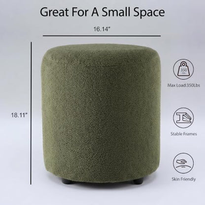 Modern Round Vanity Stool, Small Ottoman, Cute Fabric Foot Stool, Teddy Fleece Footrest, Upholstered Vanity Chair, Stool for Makeup, Bedroom, Living Room (2, Round-Dark Green) - color: Round-dark Green