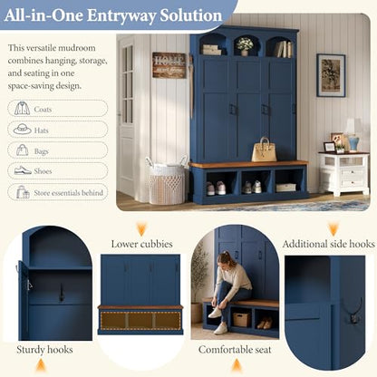 Merax Classic Arched Hall Tree with 3 Hidden Storage, Farmhouse Mudroom Bench with 5 Hooks, Mid-Century Entryway Organizer for Shoes, Blue
