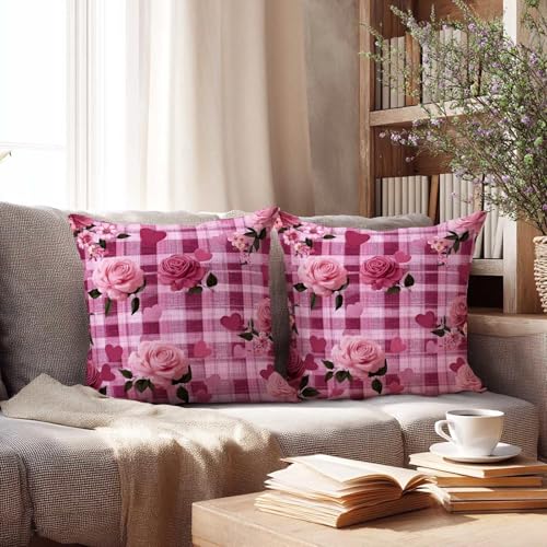 Pink Rose Heart Throw Pillow Covers 18x18 Set of 2 | Romantic Plaid Cushion Cases | Decorative Pillow Covers for Couch Sofa Bedroom Living Room - color: Gingham Rose