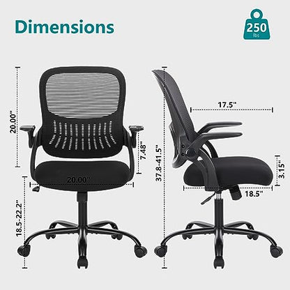 Sweetcrispy Executive Home Office Chair, Mesh Office Chair, Black | Ergonomic Executive, Adjustable Height, 360° Swivel Wheels, Mid-Back, Comfy Arms, Bedroom, Study, Student - color: Black, size: 18.5"D&Flip-up Arms-Plus