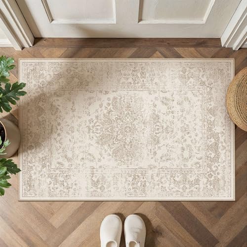 Light Brown 2x3 Area Rug Washable for Entryway | Living Room Rug,Vintage Rug,Bedroom,Dining Room,Office,Farmhouse,Non-Shedding,Non Slip,Low Pile,Soft - color: Light Brown, size: 2' x 3' (Rectangular)