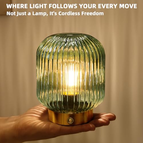 MJ PREMIER Rechargeable Table Lamp,Cordless Lamp with Memory Function,Green | Small Glass LED Lamp with Dimmable Brightness, Decorative Touch Lamps for Bedroom Living Room