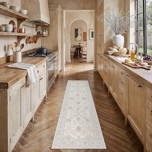 2x6 Cream Blue Neutral Runner Rug | Washable, Non Slip, Low Pile, Soft, Vintage, Floral, Distressed Farmhouse, for Hallway Entryway Kitchen Bathroom Laundry Room - color: Cream Blue, size: 2' x 6' (Runner)