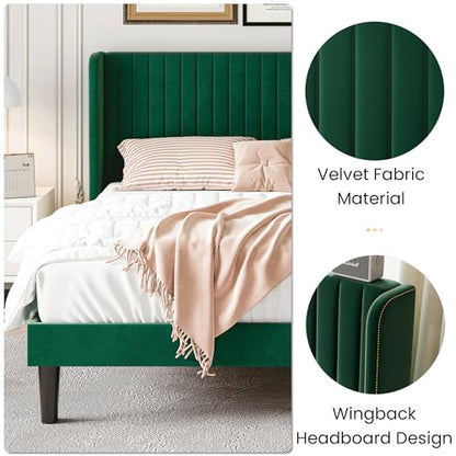 SHA CERLIN Full Size Velvet Bed Frame, Tufted Wingback Headboard, Green | 47'' Modern Vertical Channel Headboard, Upholstered Platform Bed, Wood Slats, No Box Spring Needed, Easy Assembly, Noise Free - color: Green, size: Full
