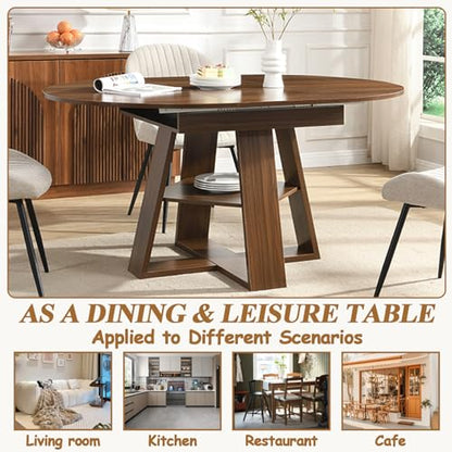 Modern Round Dining Table for 4-8, 43-59" Extendable Oval Dining Table with Leaf, Kitchen Table with Storage Shelf & Wood Cross Base, Circle Tables for Living Room Kitchen, Space Saving (Walnut) - color: Walnut