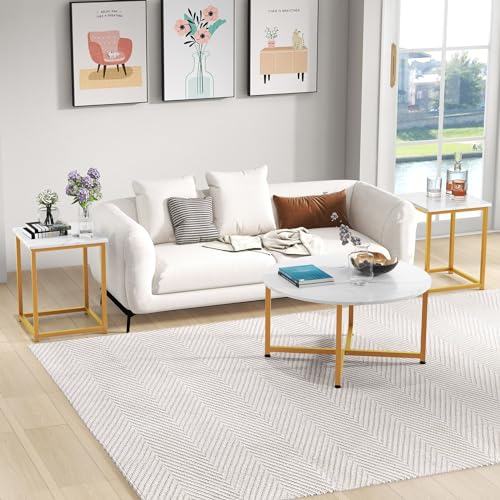 COSTWAY Coffee Table Set of 3, Round Faux Marble Coffee Table and 2 Square End Side Tables with Metal Frame, Modern 3-Piece Living Room Tables Set for Small Space, Apartment (White & Gold) - color: White & Gold