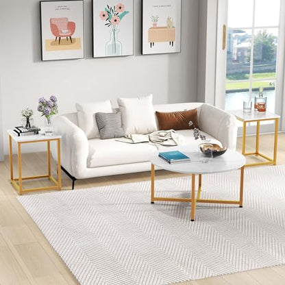 COSTWAY Coffee Table Set of 3, Round Faux Marble Coffee Table and 2 Square End Side Tables with Metal Frame, Modern 3-Piece Living Room Tables Set for Small Space, Apartment (White & Gold) - color: White & Gold