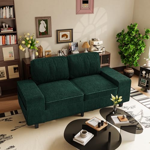71" Corduroy Loveseat Couch, 2 Seater Retro Sofa with 4 Side Pockets, Removable and Washable Cushions, Mid Century Modern, Living Room, Apartment, Office (Green) - color: Green Corduroy, size: 71 "