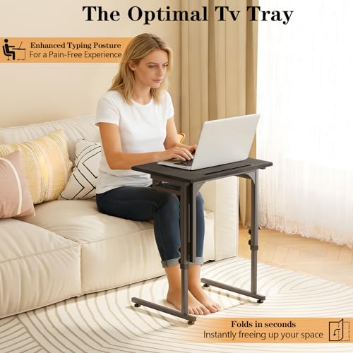 Adjustable Height Tv Tray Table,Portable Folding Tv Tray Dinner Snack Trays Table,Small Foldable C-Shaped End Table for Eating,Slide Under Couch Side with Sturdy MDF Top,No Assembly(Black+Black) - color: Black+black