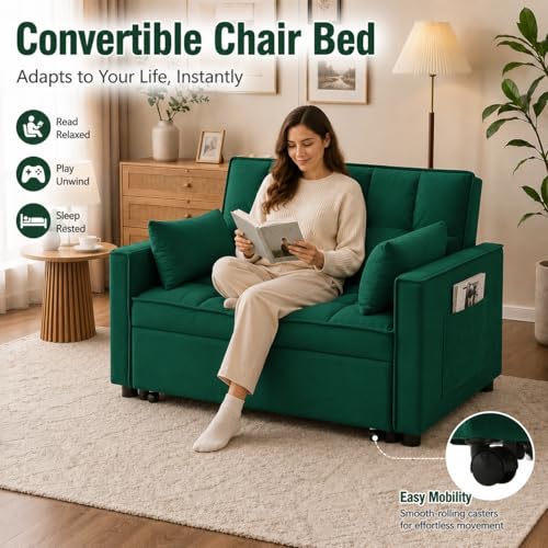 55" Pull Out Sleeper Sofa, Velvet Loveseat with Side Pockets, Green | Velvet upholstery, 5-level adjustable back, Pull-out bed design, Sturdy frame with side pockets - color: Green
