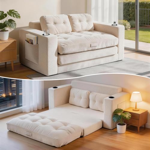 Loveseat Sleeper Sofa Bed, Boneless Convertible Corduroy Pull Out Couch with Cup Holders and 2 Pillows, Space Saving Sofa Bed for Small Spaces, Living Room, Bedroom (Beige) - color: Beige, size: Loveseats