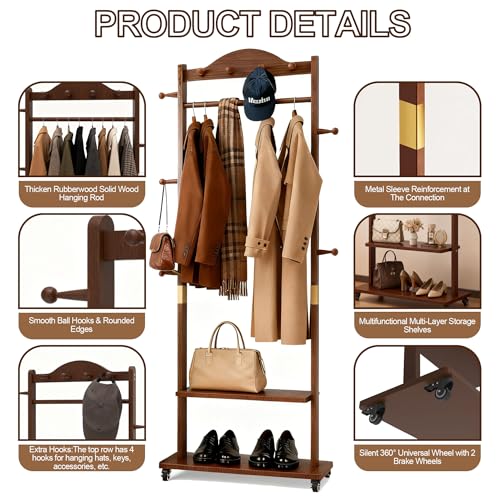 Walnut Brown Solid Wood Coat Rack Freestanding with Wheels - Heavy Duty Clothes Rack with 2 Storage Shelves & 9 Hooks, Wooden Coat Rack Stand Hat Hanger Rack for Bedroom Entryway Living Room Hotel - color: Walnut 2