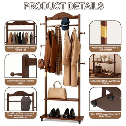 Walnut Brown Solid Wood Coat Rack Freestanding with Wheels - Heavy Duty Clothes Rack with 2 Storage Shelves & 9 Hooks, Wooden Coat Rack Stand Hat Hanger Rack for Bedroom Entryway Living Room Hotel - color: Walnut 2