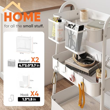 Sekey 3 Tier Rolling Cart, Hanging Cups, Hooks, Heavy Duty Mesh Rolling Storage Cart Organizer with 2 Lockable Wheels for Bathroom, Kitchen, Office, Craft, Makeup, Baby Essentials, White - color: White