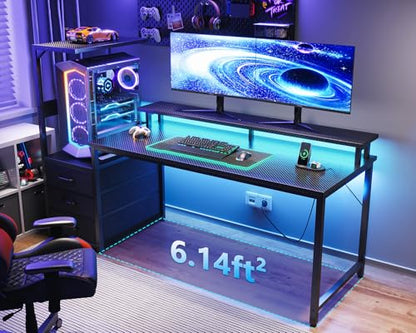 AODK Gaming Desk w/PC Showcase Stand, 59" Reversible, RGB LED, Black | Elevated stand fits Lian Li O11, Hyte Y60. Triple drawers hide cables, controllers, clutter - color: Black, size: 59 Inches