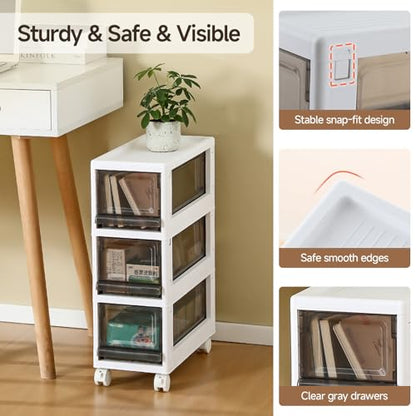 Plastic 3 Drawer Storage Organizer, Narrow Plastic Storage Drawers with Wheels, Storage Cart with Drawers for Small and Narrow Space, 7.87-inch Wide (gray)