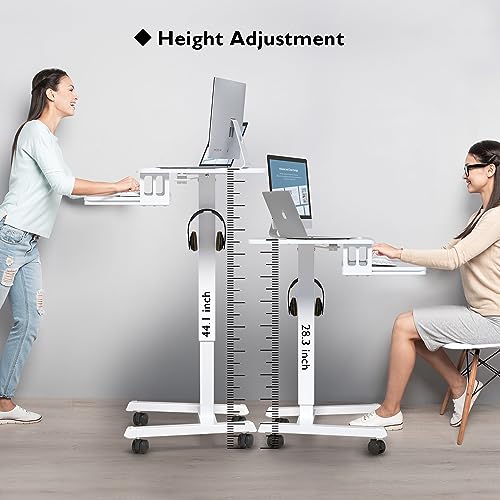 BONTEC Mobile Standing Desk with Keyboard Tray, Mobile Podium on Wheels | Rolling Laptop Sit Stand Desk, Adjustable Height Desk Up to 33lbs, Portable Computer Workstation Cart for Living Room, White - color: White