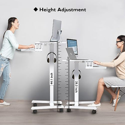 BONTEC Mobile Standing Desk with Keyboard Tray, Mobile Podium on Wheels | Rolling Laptop Sit Stand Desk, Adjustable Height Desk Up to 33lbs, Portable Computer Workstation Cart for Living Room, White - color: White
