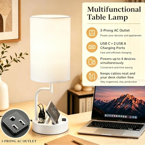 Dreamholder 2 Pack Table Lamp, Bedside Lamp with 3 USB Charging Ports & AC Outlet, USB Desk Lamp with 2 Phone Holders, Linen Fabric Shade Nightstand Lamps for Bedroom Living Room Office, White - color: White