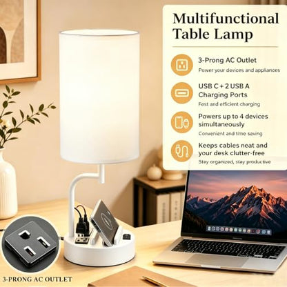 Dreamholder 2 Pack Table Lamp, Bedside Lamp with 3 USB Charging Ports & AC Outlet, USB Desk Lamp with 2 Phone Holders, Linen Fabric Shade Nightstand Lamps for Bedroom Living Room Office, White - color: White