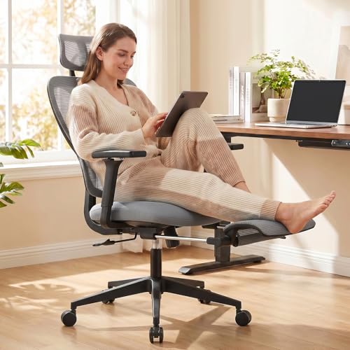Ergonomic Office Chair with Footrest and Dynamic Lumbar Support, Grey | Reclining high-back computer chair, memory foam seat, 4D armrests, 2D headrest, mesh desk chair for home office, long hours - color: Dark Grey