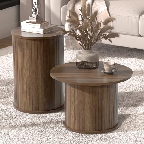 Set of 2 Round Nesting Coffee Tables for Living Room, Fluted Circle Walnut Wood Coffee and End Table Sets for Apartment, Small Spaces, Bedroom, Modern Style, Easy Assembly & Maintenance