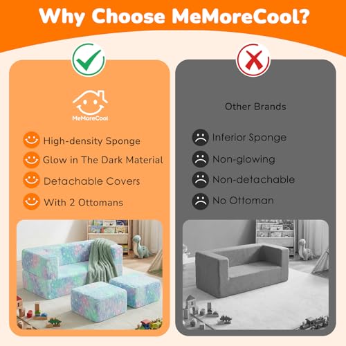 MeMoreCool Glow in Dark Star Kids Couch, Modular Fold Out Loveseat | Glow in dark star kids couch, colorful modular loveseat for bedroom playroom furniture - color: Colourful Star