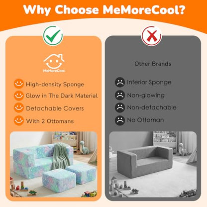 MeMoreCool Glow in Dark Star Kids Couch, Modular Fold Out Loveseat | Glow in dark star kids couch, colorful modular loveseat for bedroom playroom furniture - color: Colourful Star