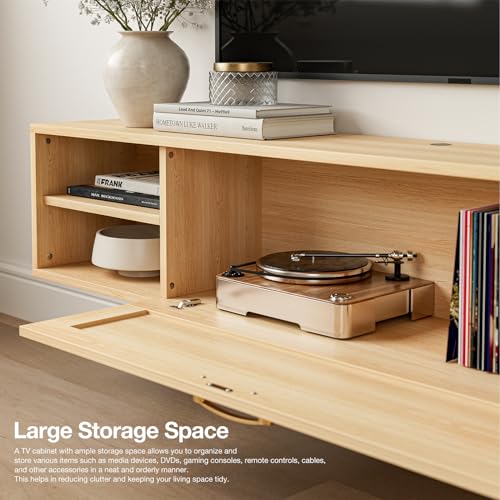 Rattan Floating TV Stand for 75 Inch TV, Wood Wall Mounted TV Cabinet, Mid Century Modern Center TV Stand w/Rattan Cabinet, Entertainment Media Console Large Storage TV Shelfs for Living Room