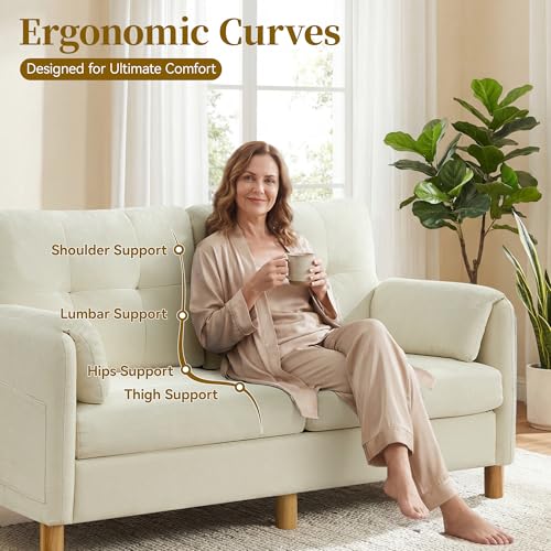 Mid Century Modern Couch, 65" Loveseat Sofa, Ivory | Storage Pockets, Upholstered Small Loveseat for Small Spaces, Bedroom, Home Office, Apartments - color: Beige