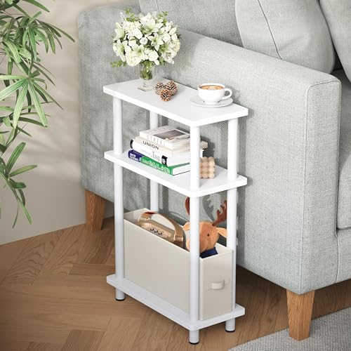 Apicizon Narrow Side Table with Fabric Basket, 3-Tier End Table, White | Sofa Side Table, Wood Storage Shelf, Slim Nightstand, Skinny Bedside Table for Narrow Spaces, Living Room, Bedroom - color: White, style: Narrow Side Table with Basket
