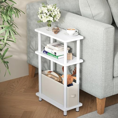 Apicizon Narrow Side Table with Fabric Basket, 3-Tier End Table, White | Sofa Side Table, Wood Storage Shelf, Slim Nightstand, Skinny Bedside Table for Narrow Spaces, Living Room, Bedroom - color: White, style: Narrow Side Table with Basket