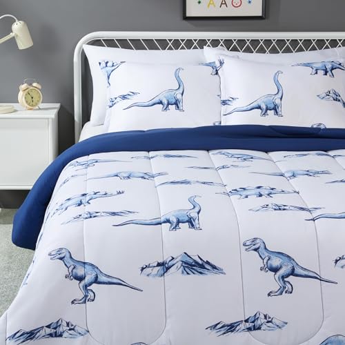 Amazon Basics 3-Piece Microfiber Kids' All Season Comforter and Pillow Sham Set, Full/Queen, Dinosaurs, Animal Print - color: Dinosaurs, size: Full/Queen