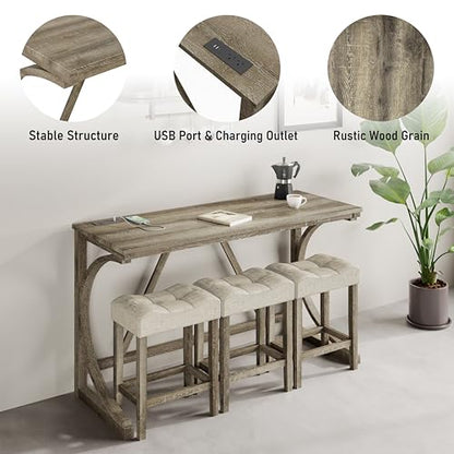allamazing 4-Piece Counter High Bar Table Set with Socket and 3 Fabric Padded Bar Stools, Tall Kitchen Breakfast Nook with Stool (1+3 Natural) - color: 1+3 Natural