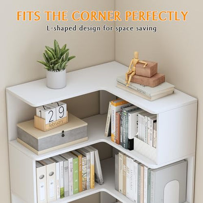 IOTXY 6-Tier L-Shaped Corner Bookshelf - 66" Tall Wooden Freestanding Bookcase with Open Shelf Units, Oak - color: Oak