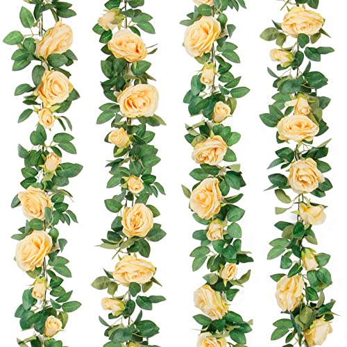 TELDRASSIL 4Pcs(26 FT) Artificial Rose Vine Fake Flower Garland Fake Silk Rose Hanging Vine for Wedding Party Background Arch Garden Background Decoration (Champagne) - color: Champagne